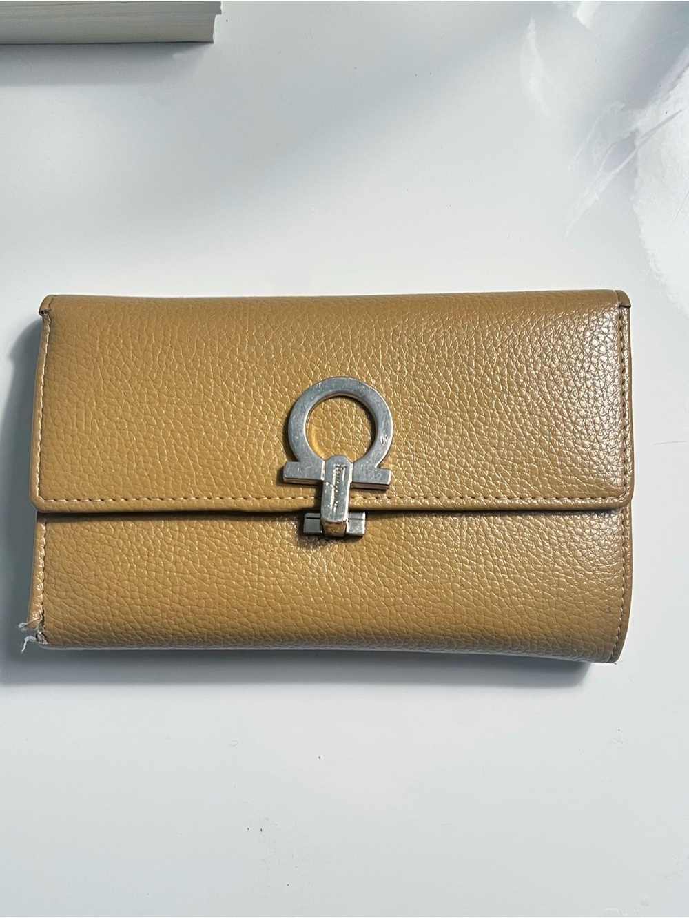 Ferragamo Tan Leather Wallet with Silver Hardware